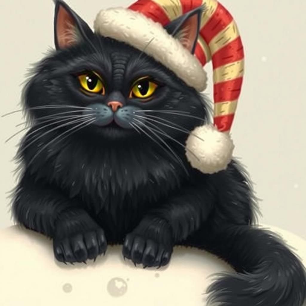 Comical Fluffy Black Cat in Whimsical Style