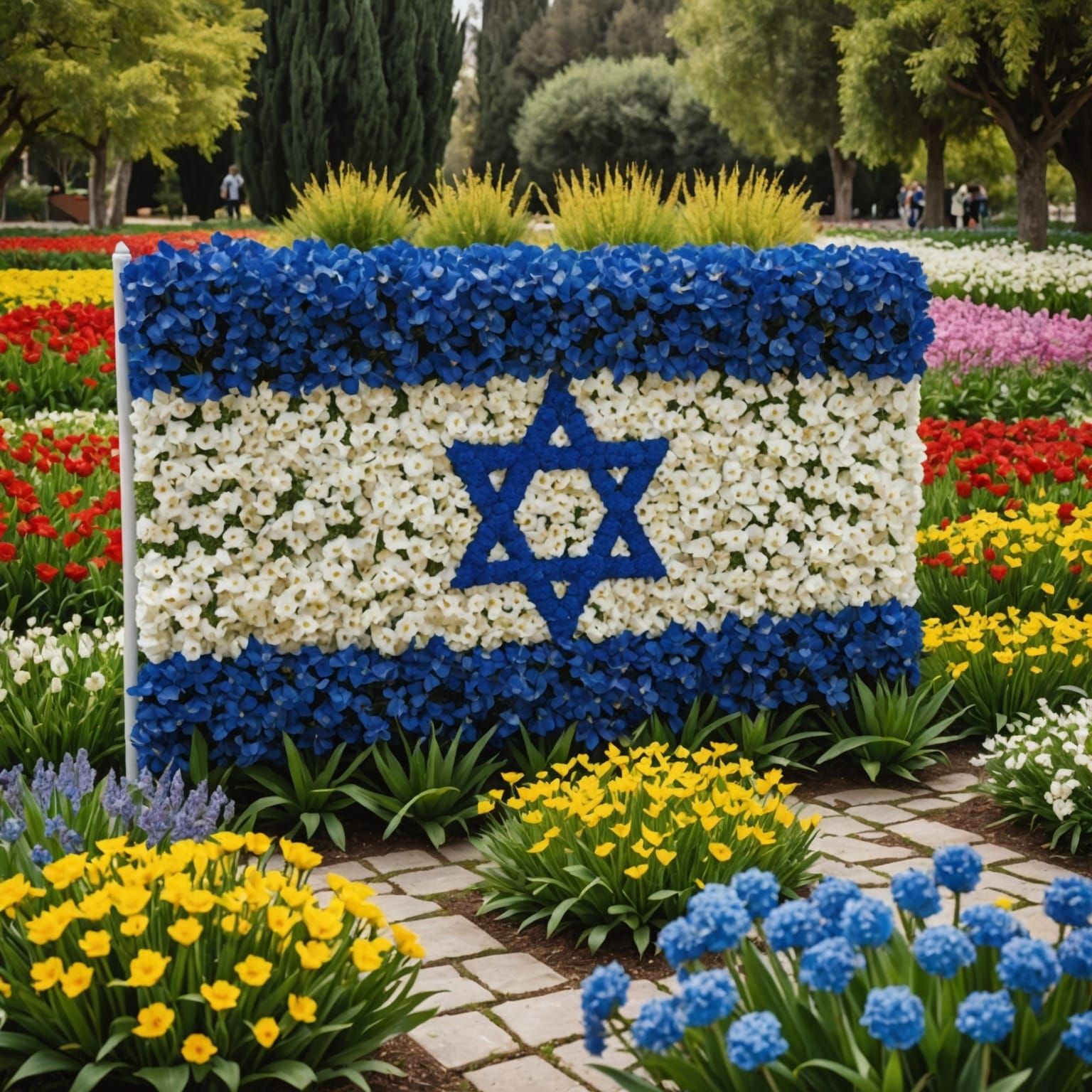 Israeli Flag Made of Flowers in Garden