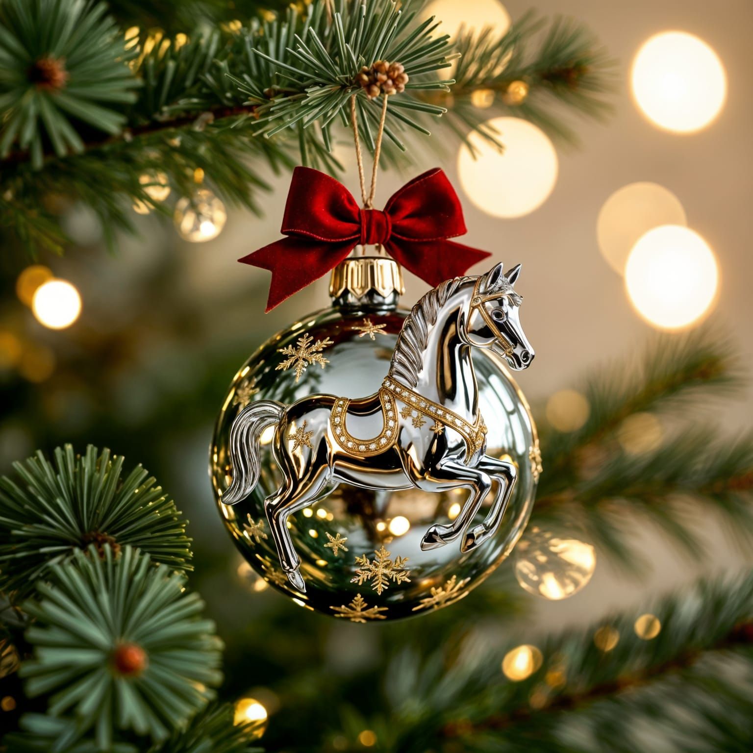 Glass Horse Ornament on Pine Branch, Festive Holiday Scene