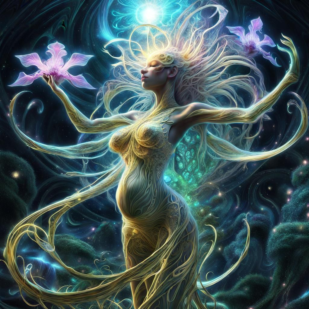 Pregnant Goddess Cthulhu in Bioluminescent Jungle