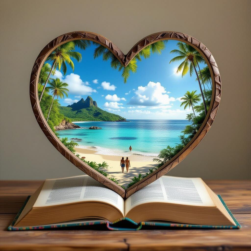 Seascape Emerging From Book in Heart Frame