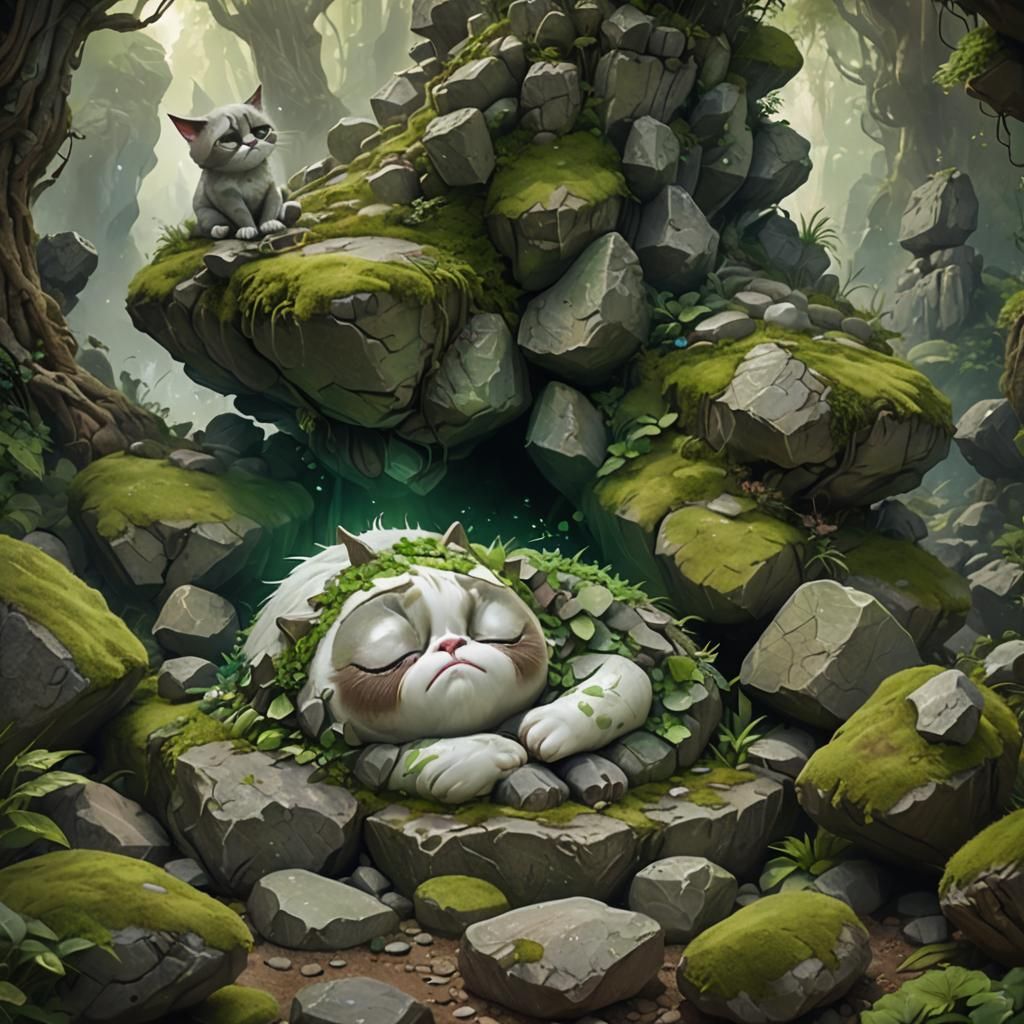 sleeping chibi rock grumpy cat golem in the stone forest covered in overgrowth; iridescent green gray white; green woods...