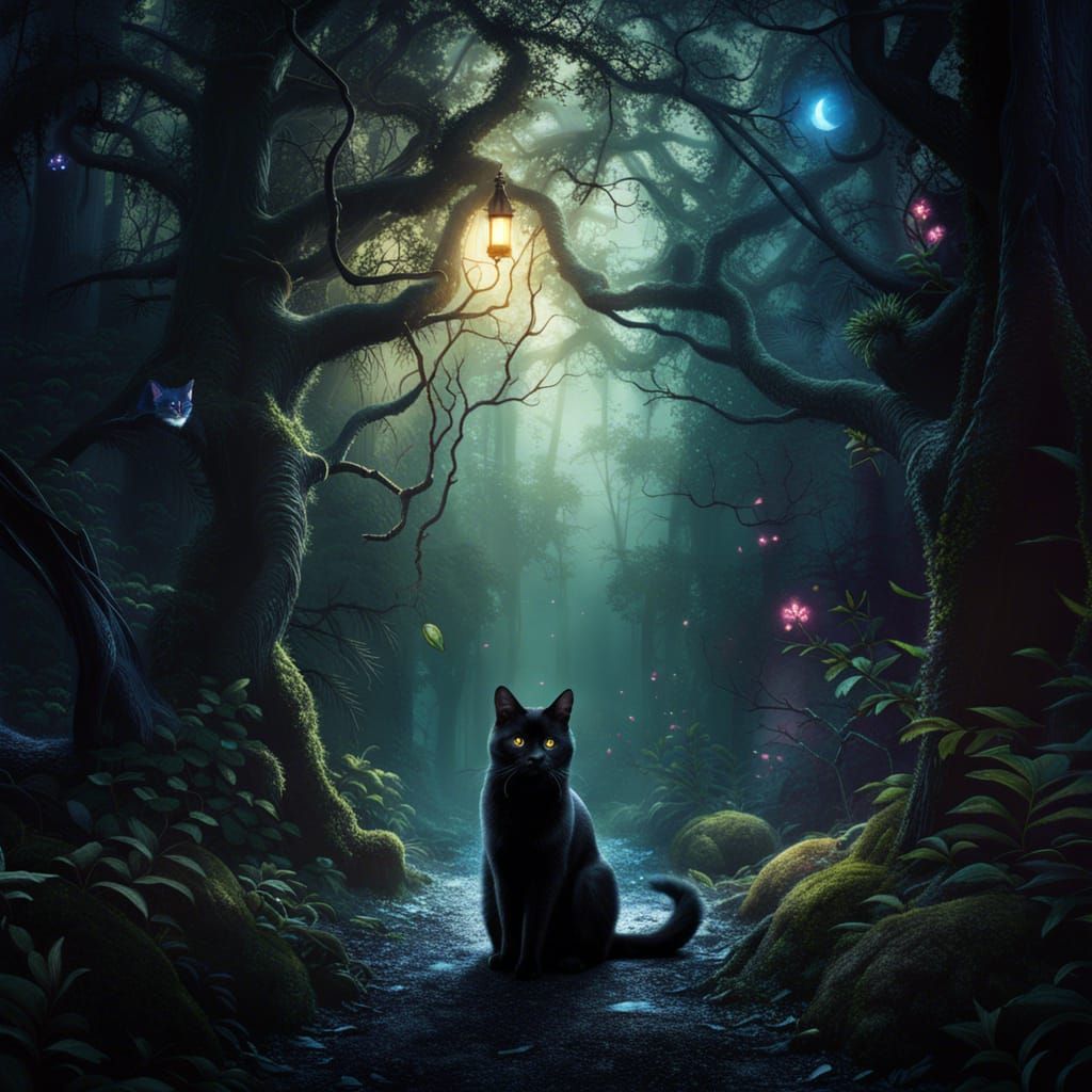 Mystical Black Cat in Enchanted Forest