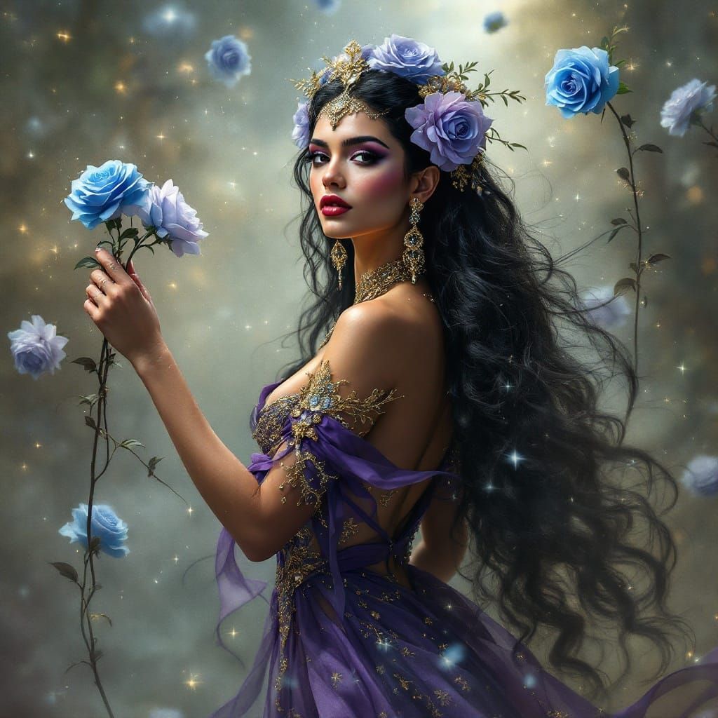 Vibrant Mexican Goddess in Lavish Purple Gown