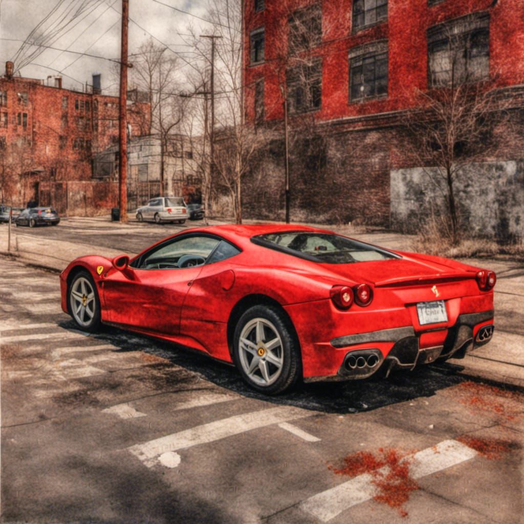 Red Ferrari in Ghetto, Gouache Impressionist Style
