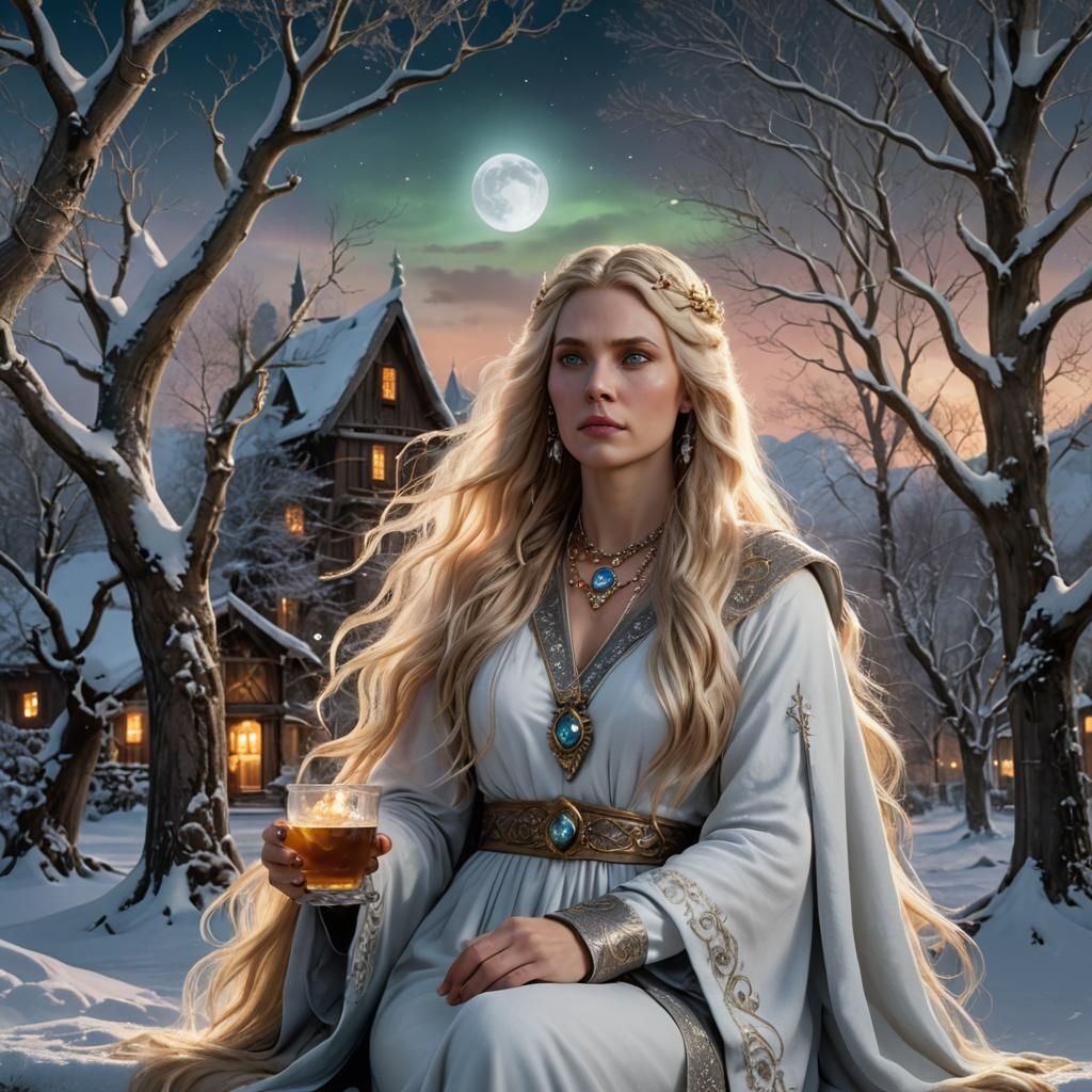 Nordic Goddess with Flowing Hair and Aurora Borealis