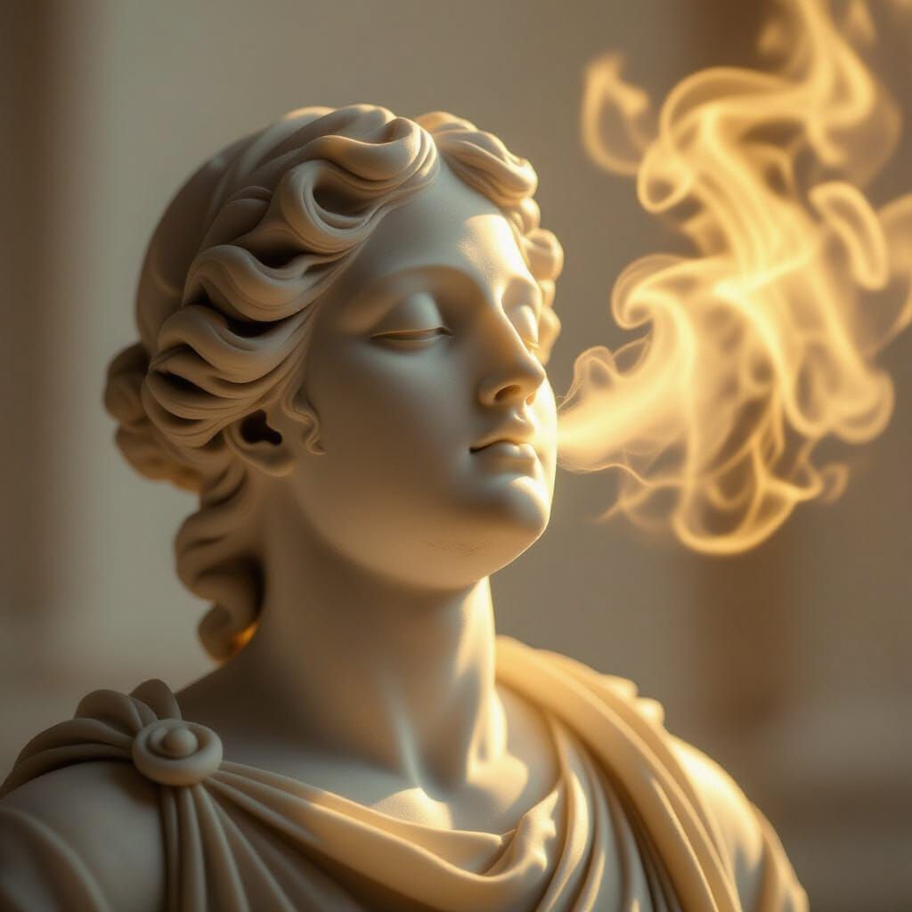 Tranquil Marble Sculpture Exhaling Golden Mist