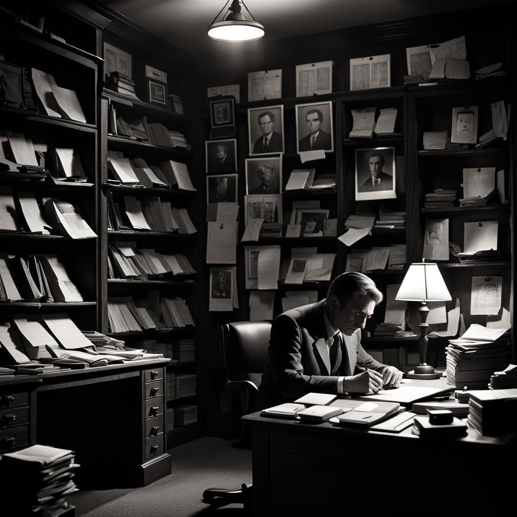 Noir Detective in Dimly Lit Office Examining Evidence