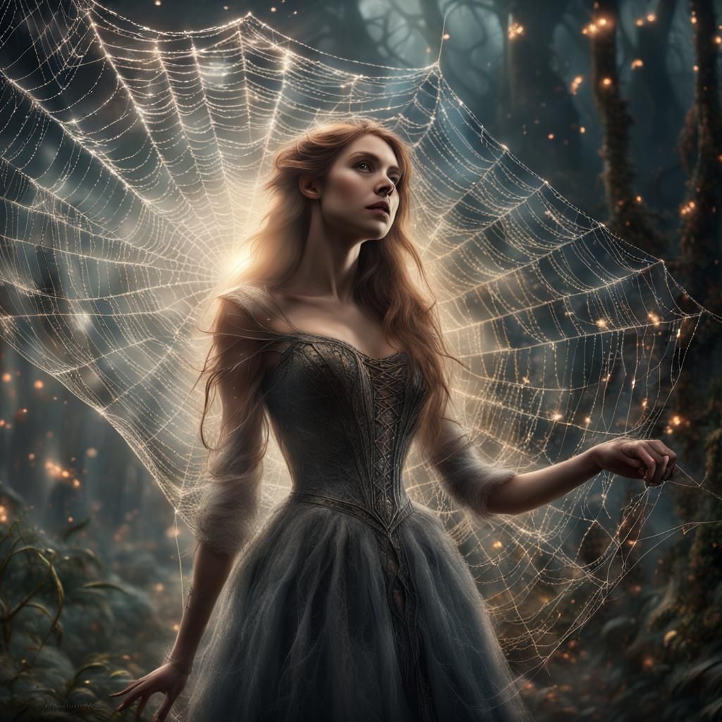 Fairy Entangled in Sparkling Spiderweb