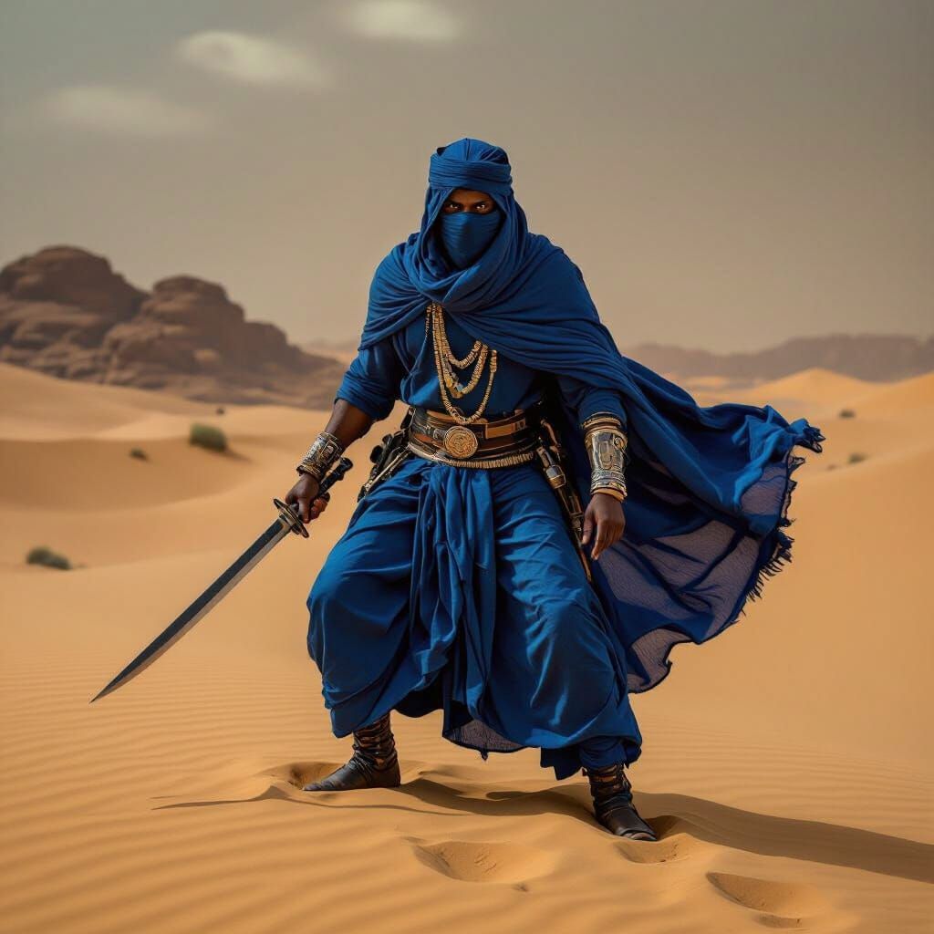 Tuareg Warrior Drawing Takoba Blade in Desert