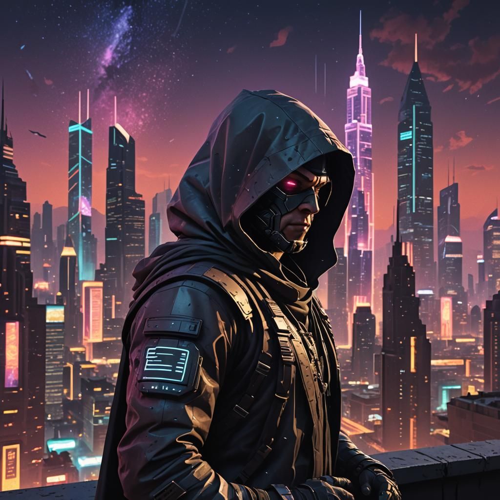 Mysterious Outlaw in Dystopian Galaxy Cityscape