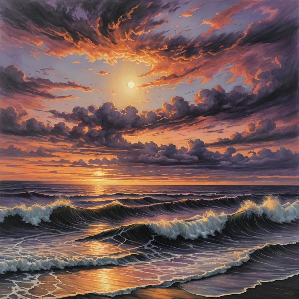 Ocean Sunset Charcoal Drawing with Golden Clouds