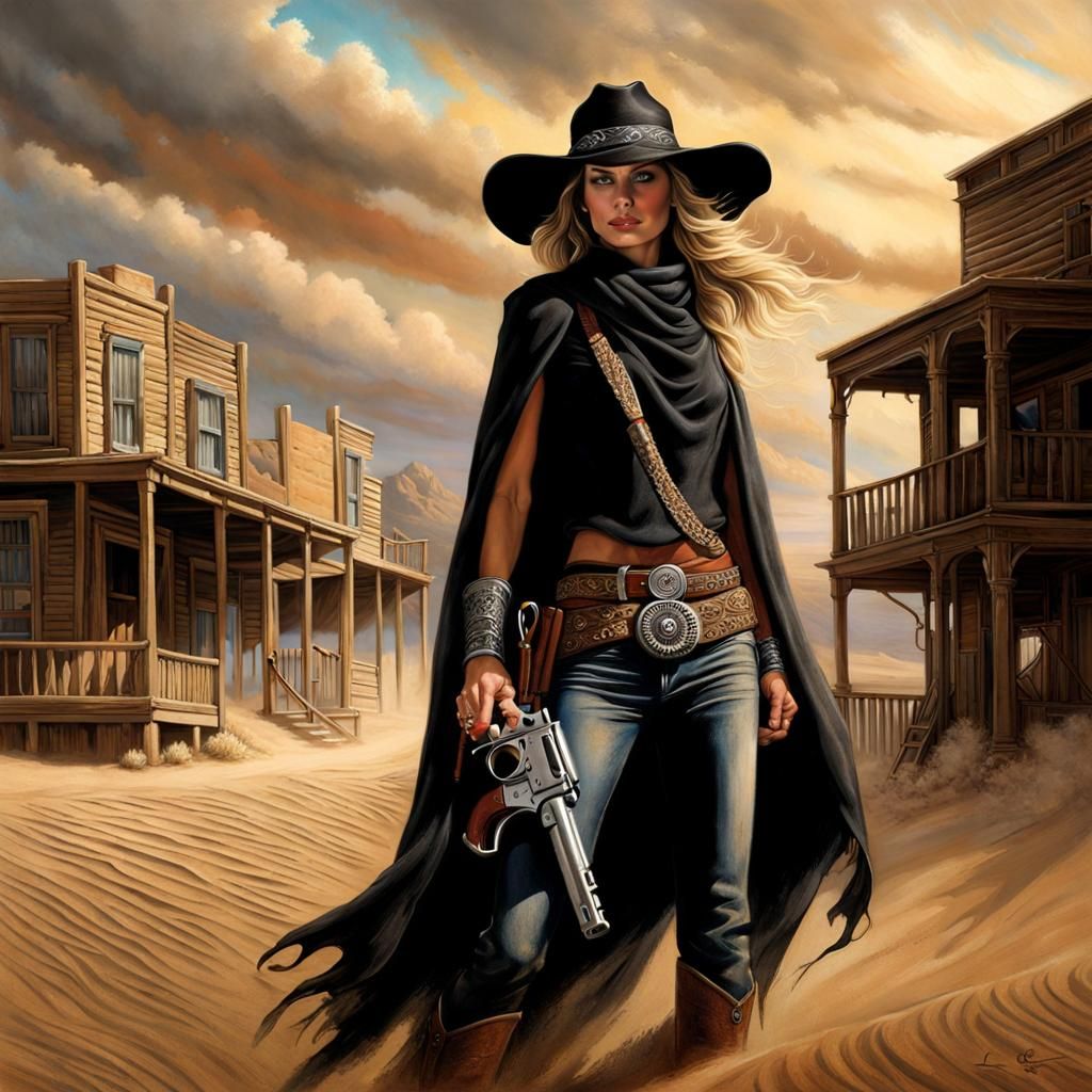Mysterious Cowgirl in Western Town by Lee Bogle