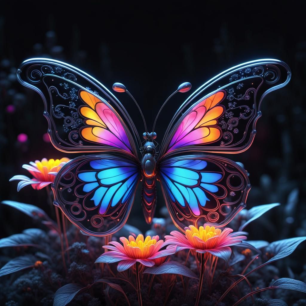 Black light art, whimsical stylized gothic glass butterfly