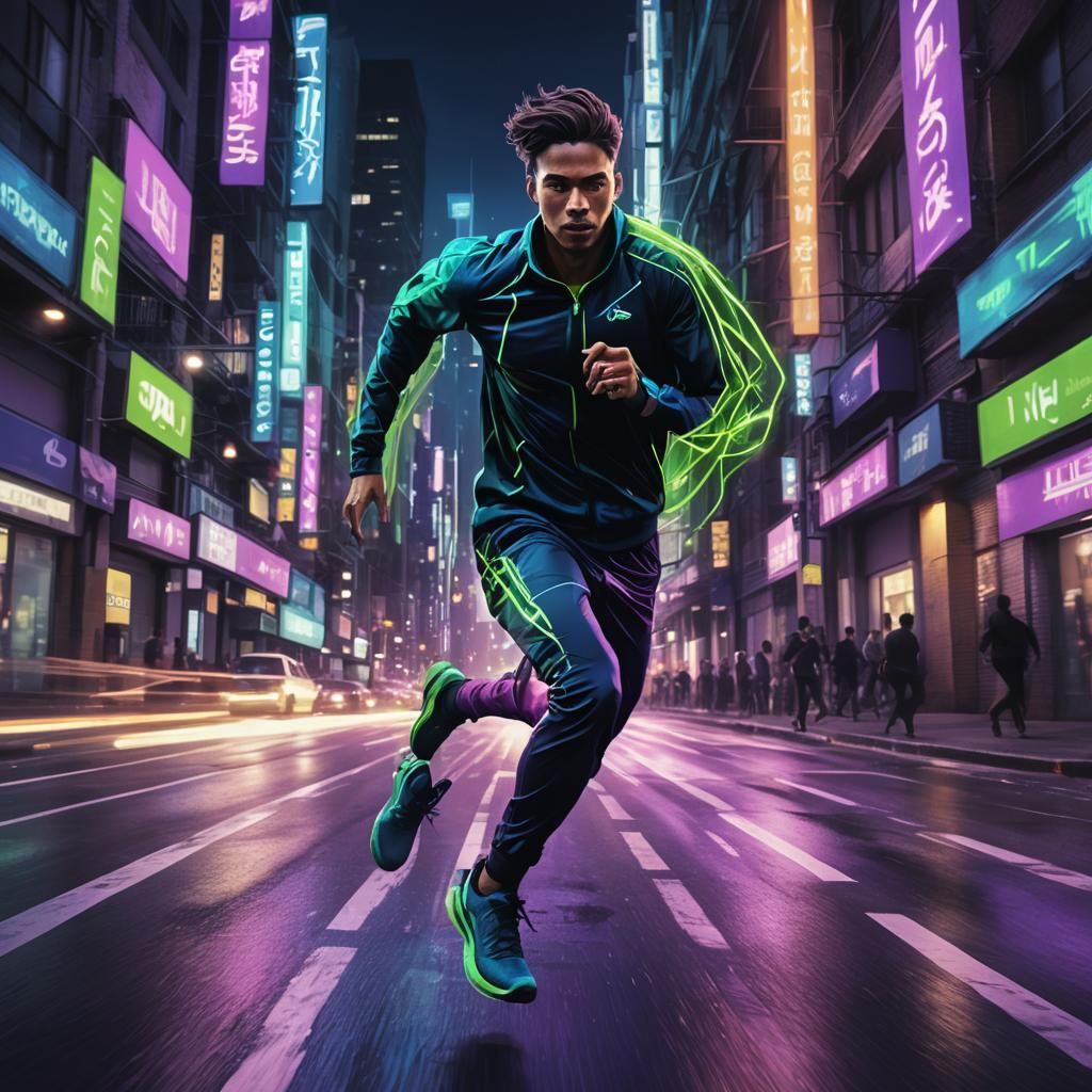 Runner in Neon Cityscape: Stylized Concept Art