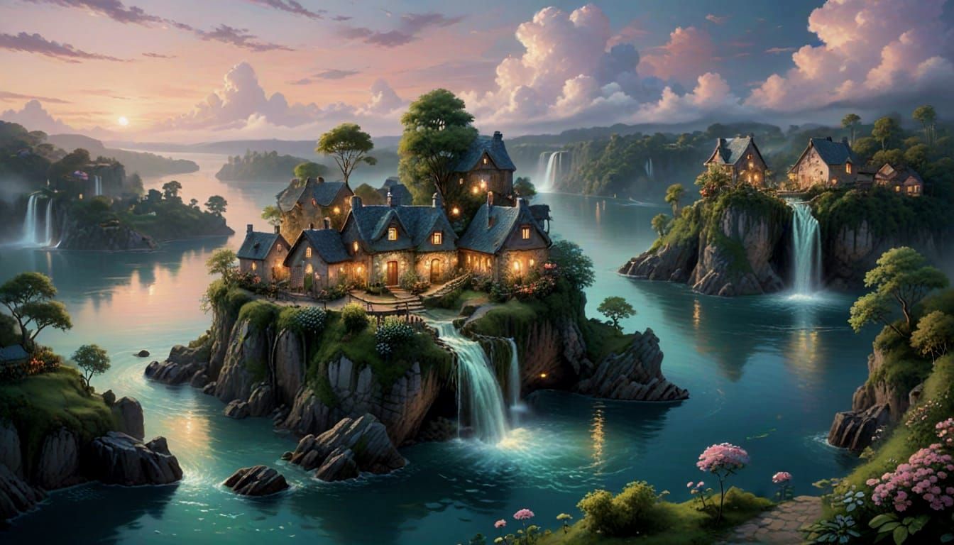 Dreamlike Floating Islands Village in Pastel Sky