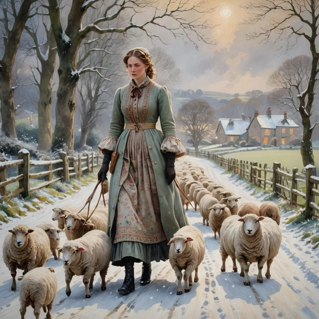 Victorian Woman and Sheep in Snowy Landscape