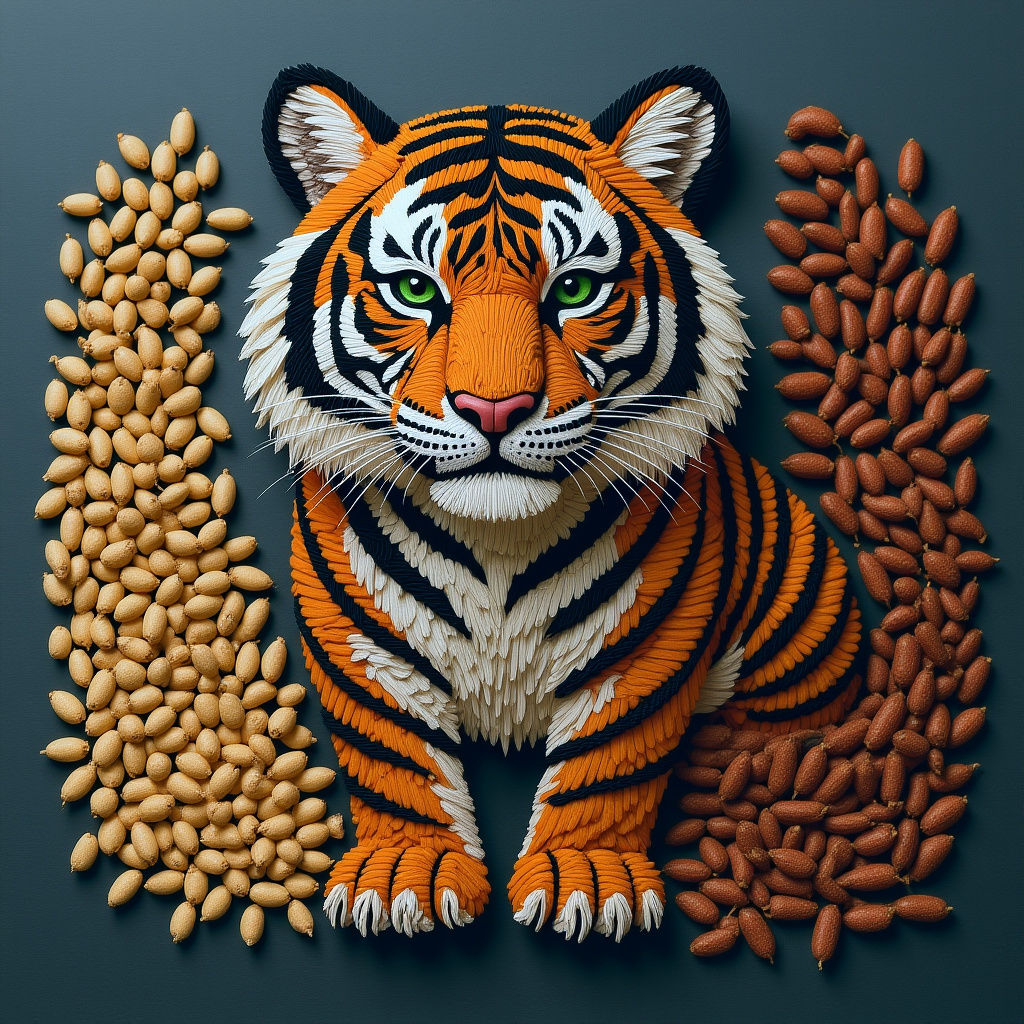 Illustrative Bengal Tiger Composed of Grains and Seeds