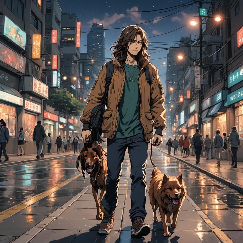 Anime Style Man Walking Dog in City Lights