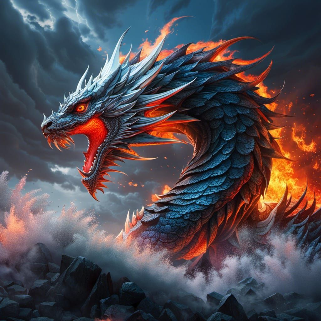 Dual Dragon in Divisionism Style, Stormy Sky