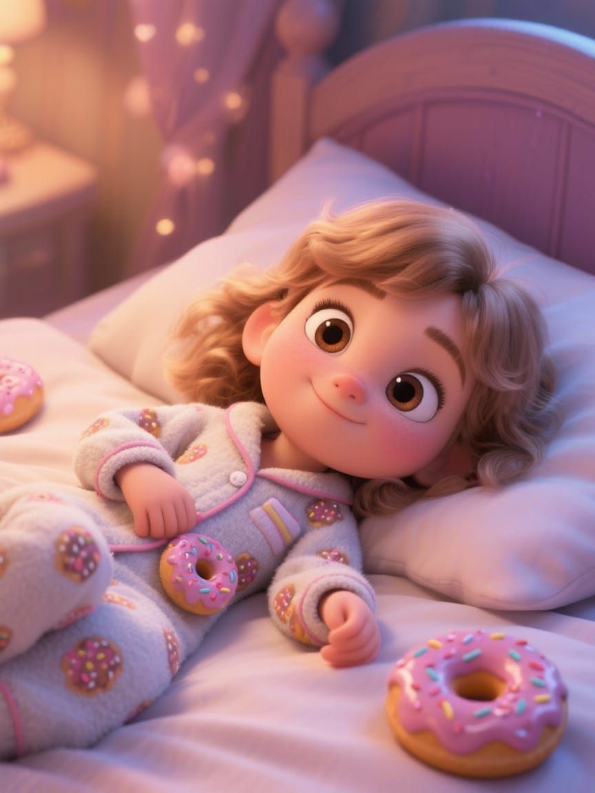 Cute 3D Girl in Donut Pajamas on Bed