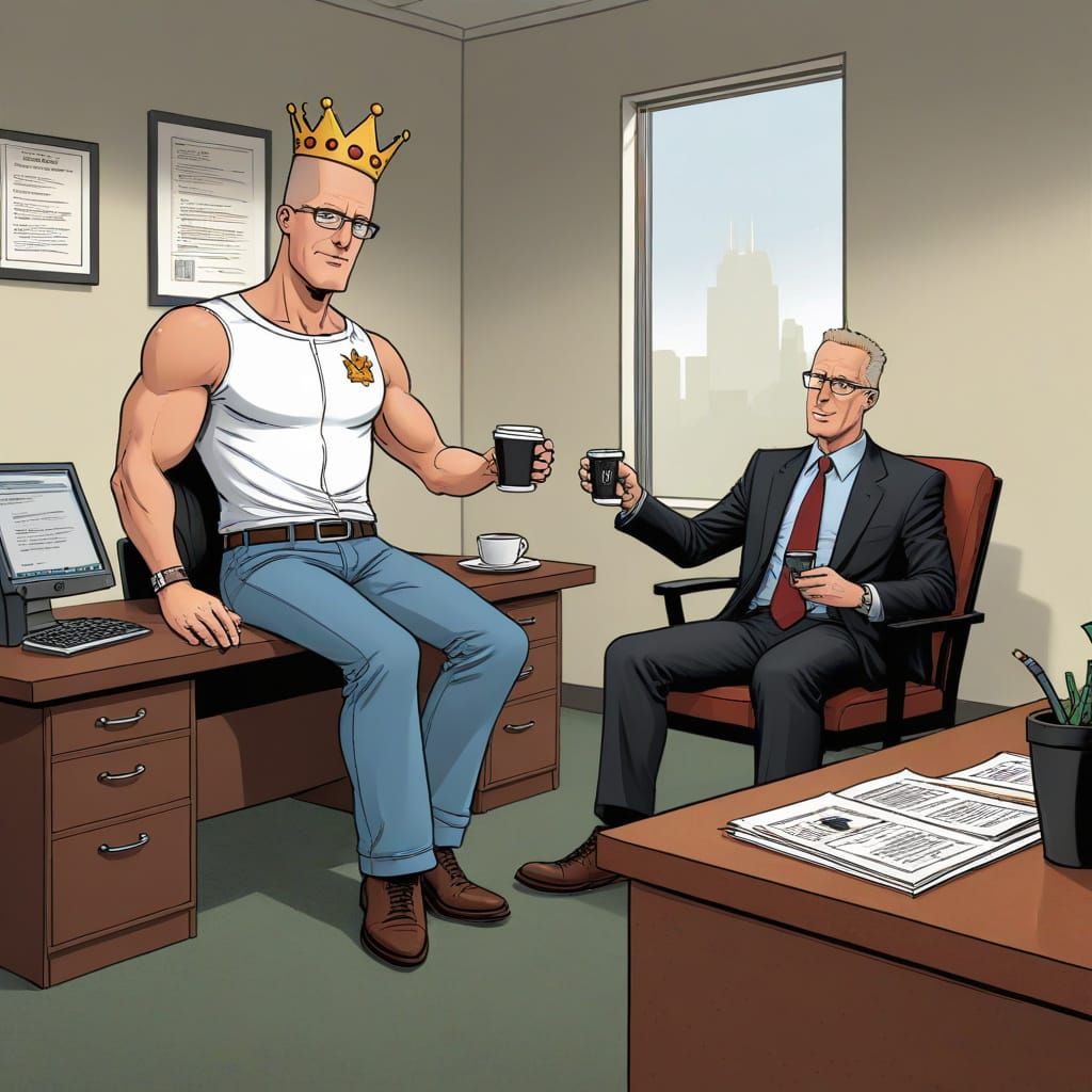 Scott Adams, cartoon style. A brash intern with a crown and ...
