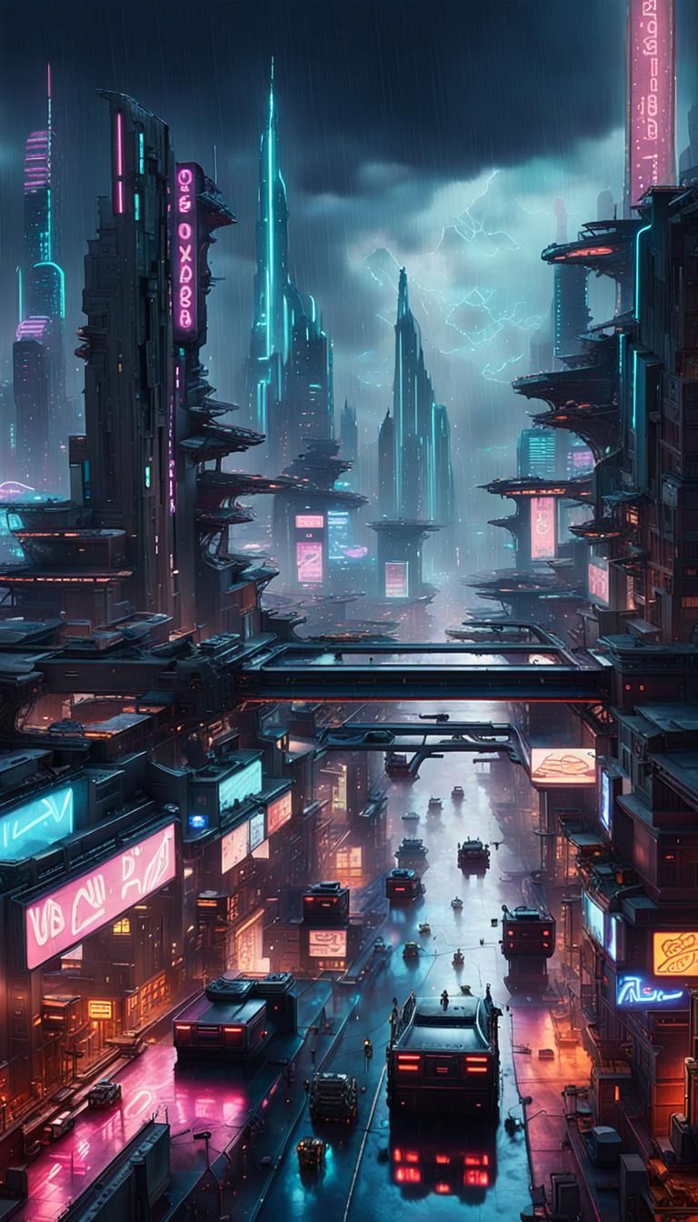 Cyberpunk Cityscape with Flying Vehicles and Neon Lights