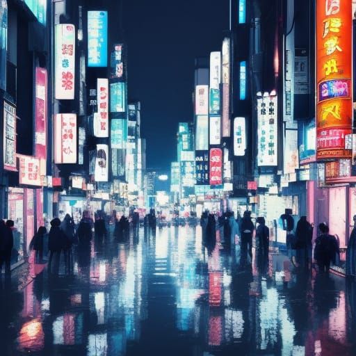 Neon Reflections in Japan City at Night