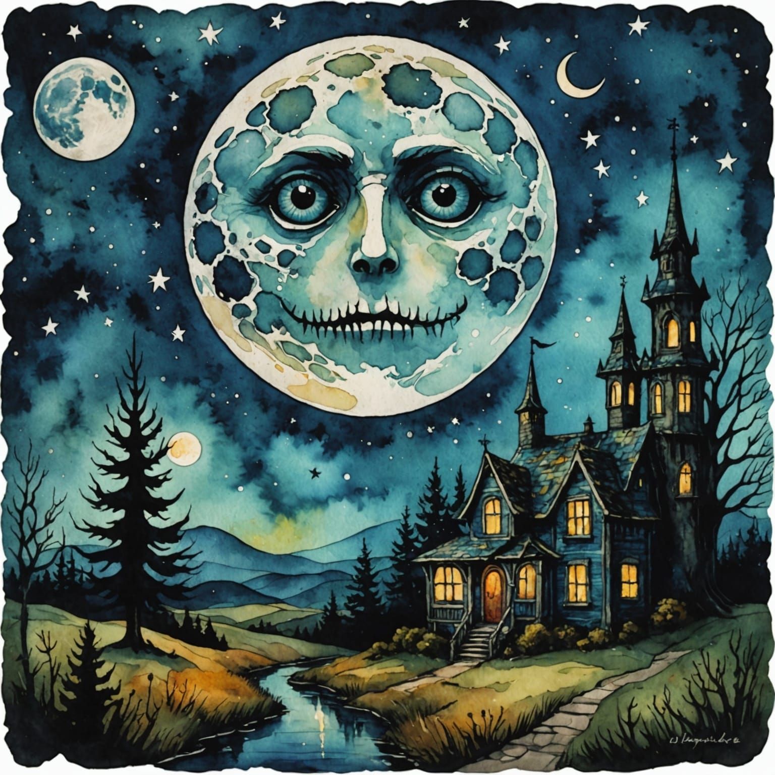 Whimsical Watercolor Moonlit Scene in Vintage Gothic Style