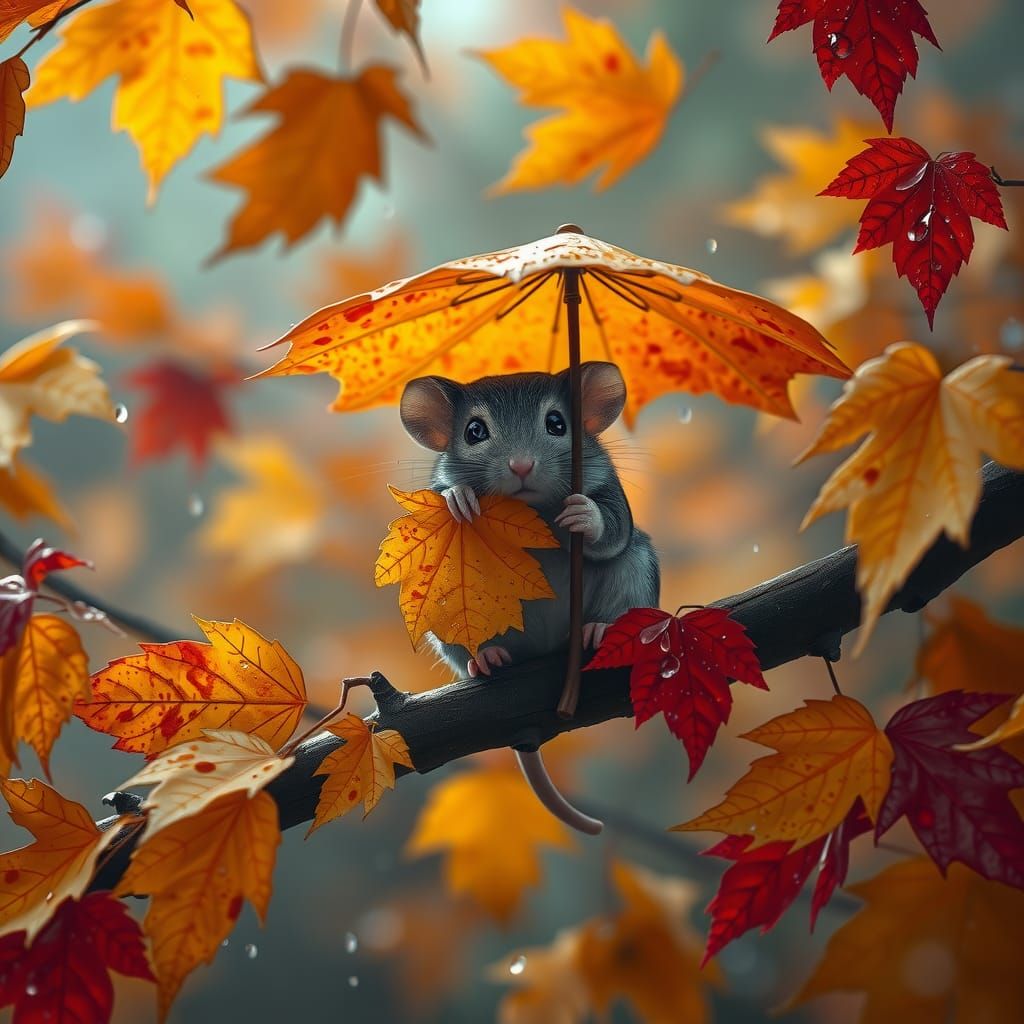 Sad Mouse in Autumn Rain Holding Leaf Umbrella