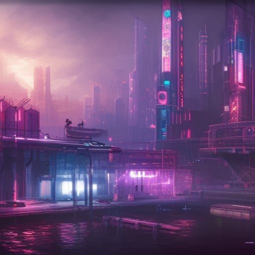 Cyberpunk Docks Detailed Matte Painting