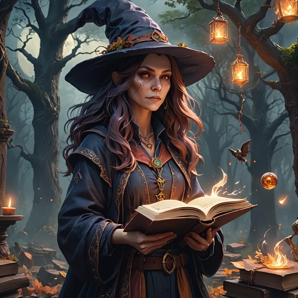 Whimsical Witch with Spellbook: Fantasy Concept Art