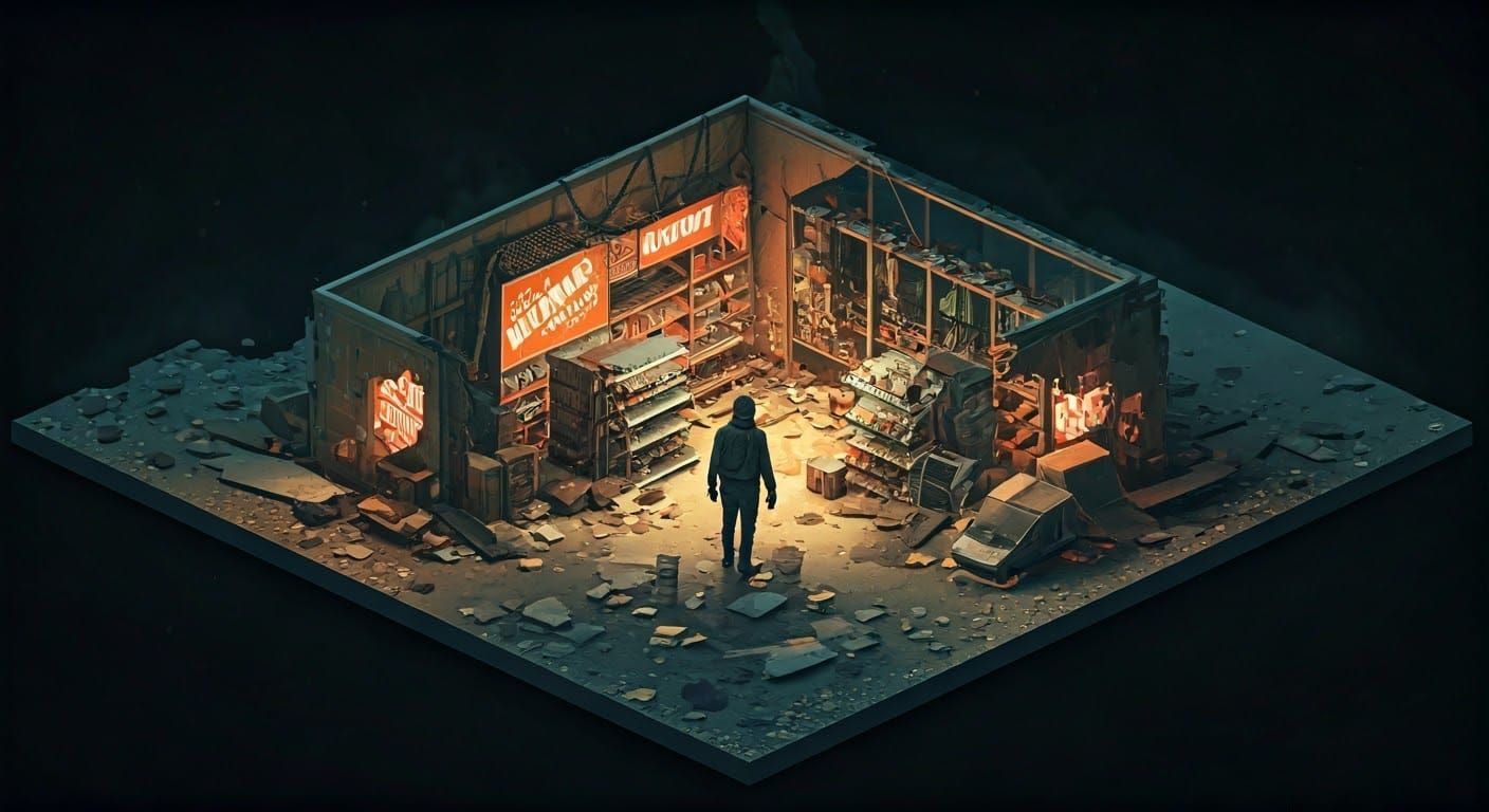 Isometric Post-Apocalyptic Scavenger in Double Exposure