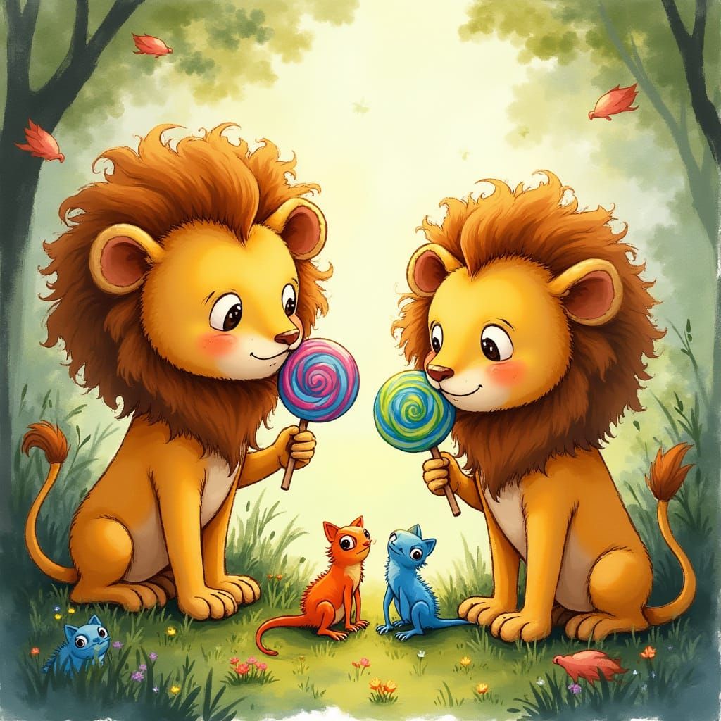 Whimsical Lions Delight in Colorful Treats and Tiny Lizards
