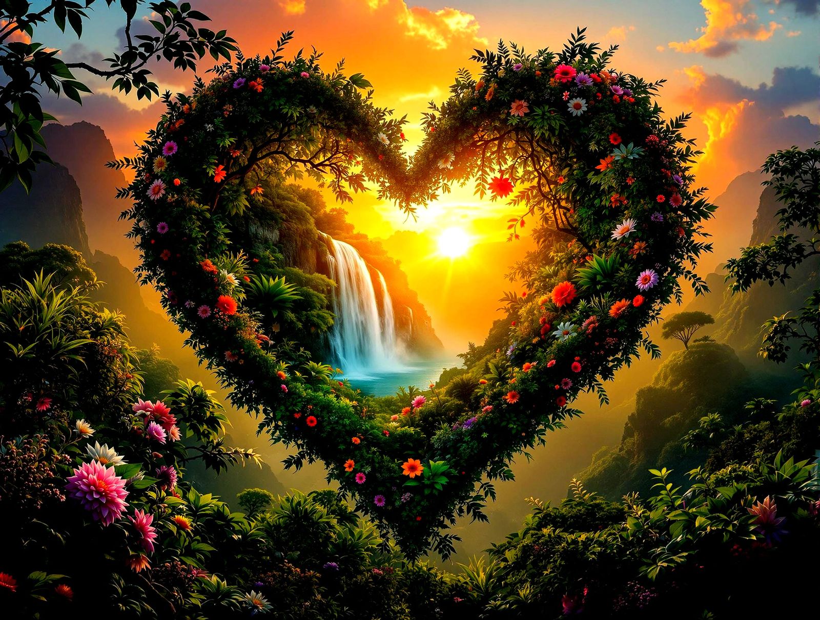 Ethereal Jungle Heart Silhouette in Vibrant Sunset