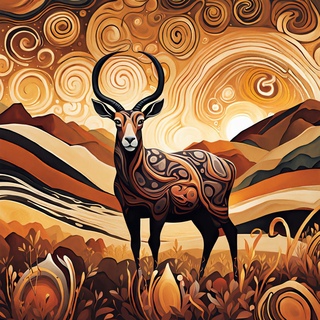 Expressive Modern Sunrise Landscape with Grazing Antelope