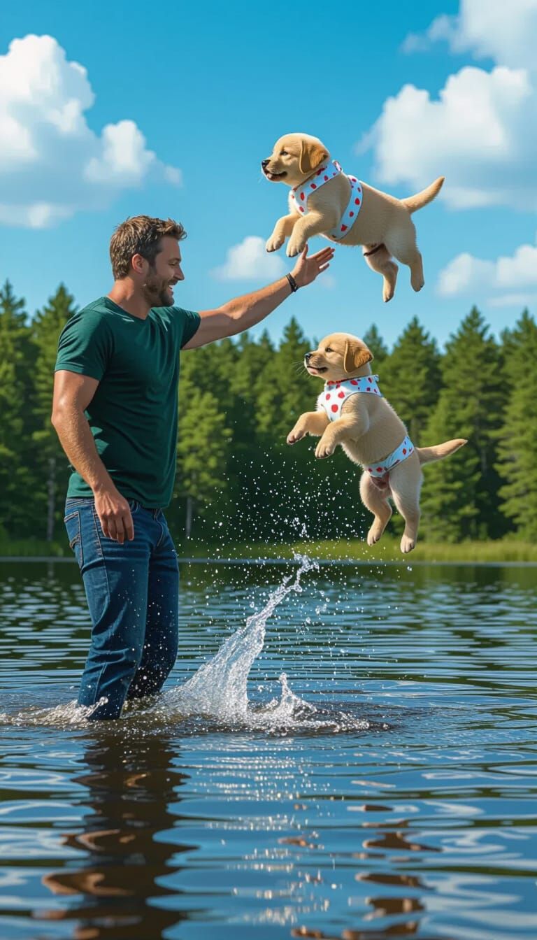 Man Tosses Puppy at Lake: Humorous Digital Art