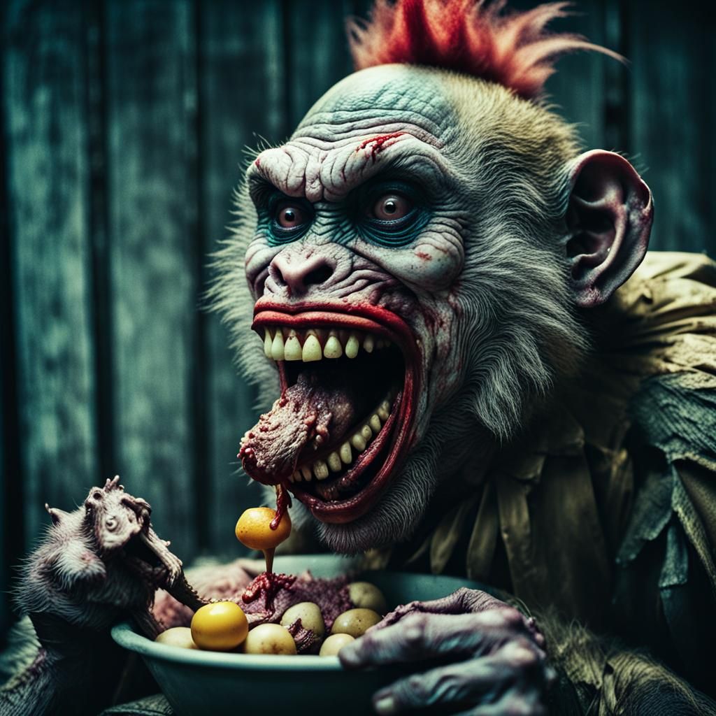 Zombie Clown Monkey Feast: A Cinematic Film Still