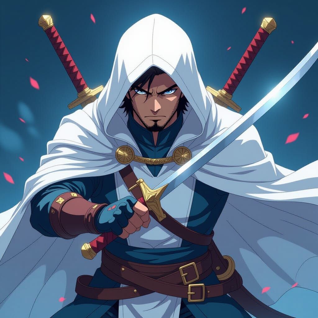 Manga Style Ranger with White Hood and Dual Swords