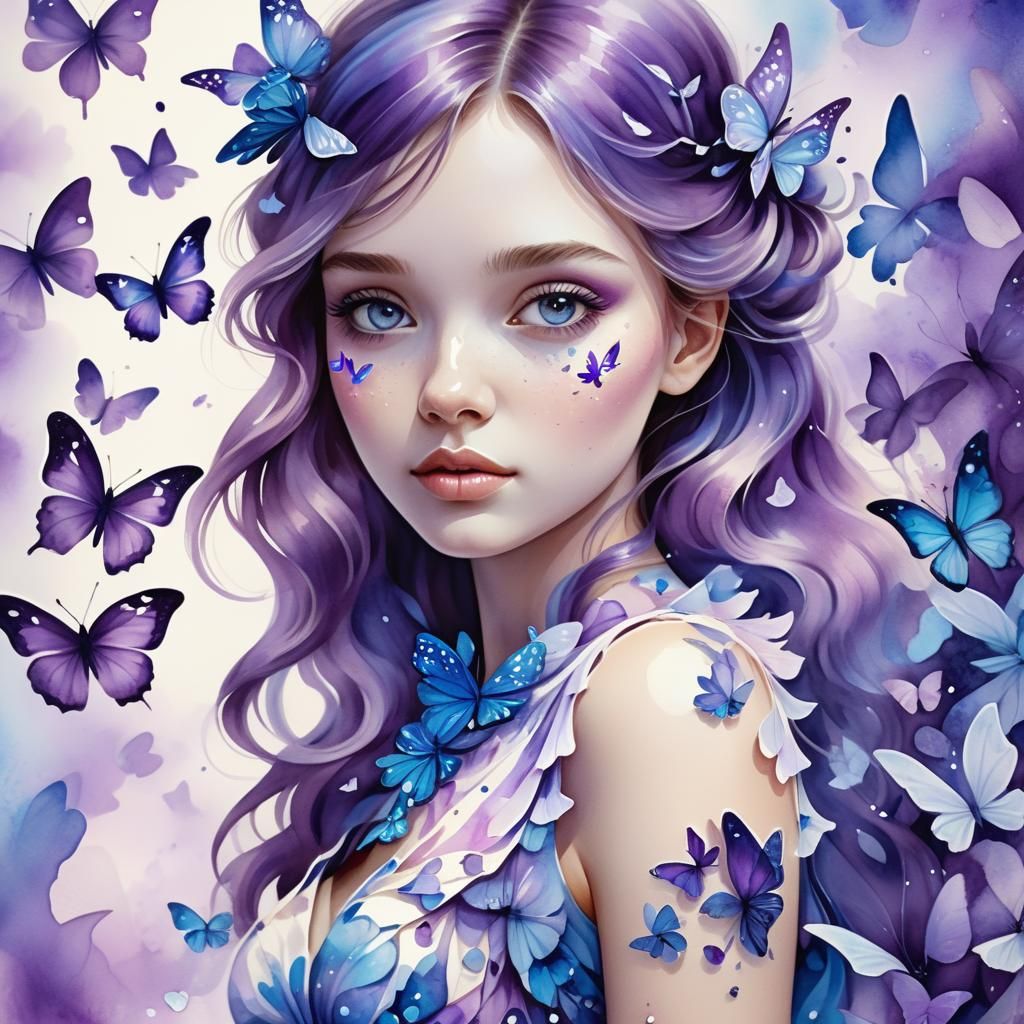 Girl with Purple Butterflies: Watercolour Illustration