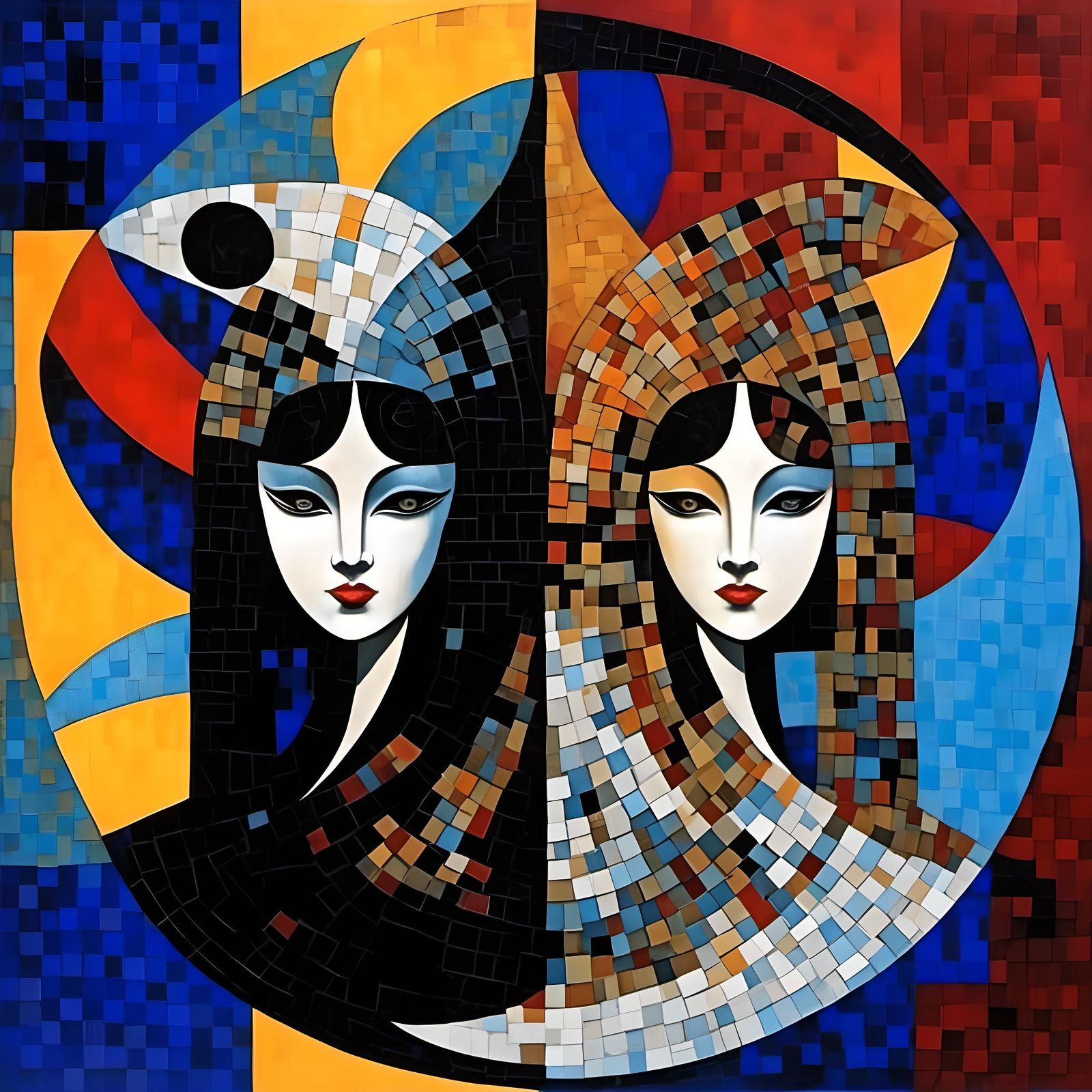 Colorful Cubist Mosaic of Opposites