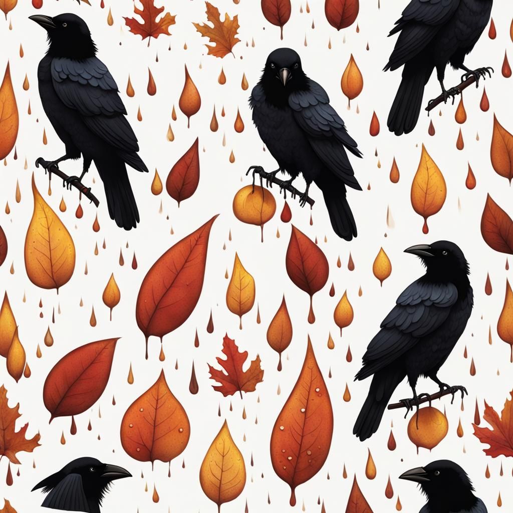Autumn Sunshine: Crows and Water Droplets in Indian Art Styl...