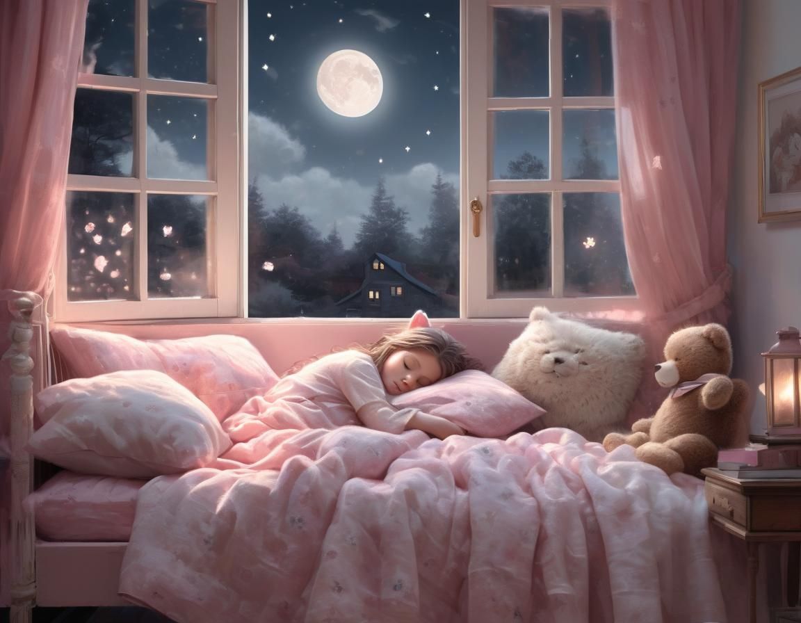 Girl, Cat, and Teddy Bear in Moonlight: Watercolor Illustrat...