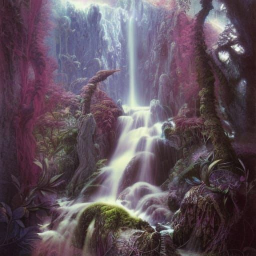 Fantasy Waterfall: Mystical Landscape in Digital Art