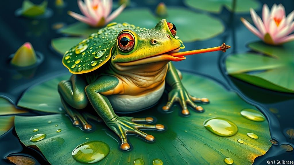Surprised Frog Captures Hornet, Alcohol Ink Art
