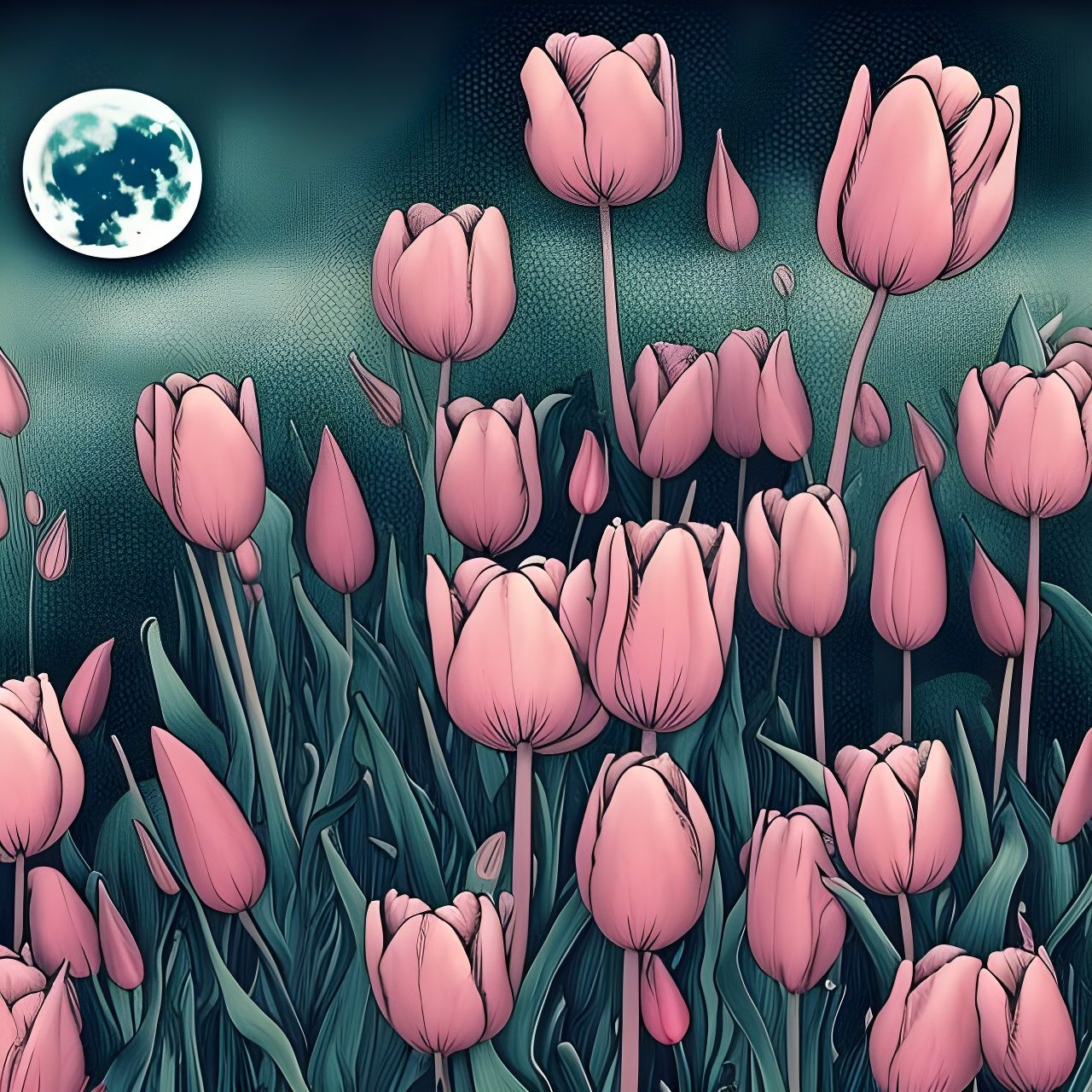 Pink Tulips in Art Nouveau Ink Drawing