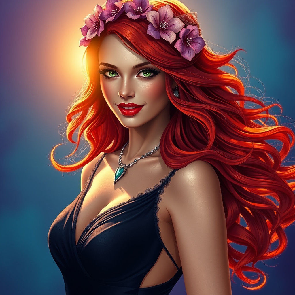 Redhead in Gown with Flower Crown, Hyperrealistic Style