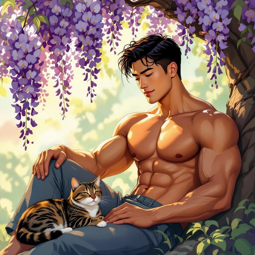 Muscular Man Under Wisteria Tree with Cat