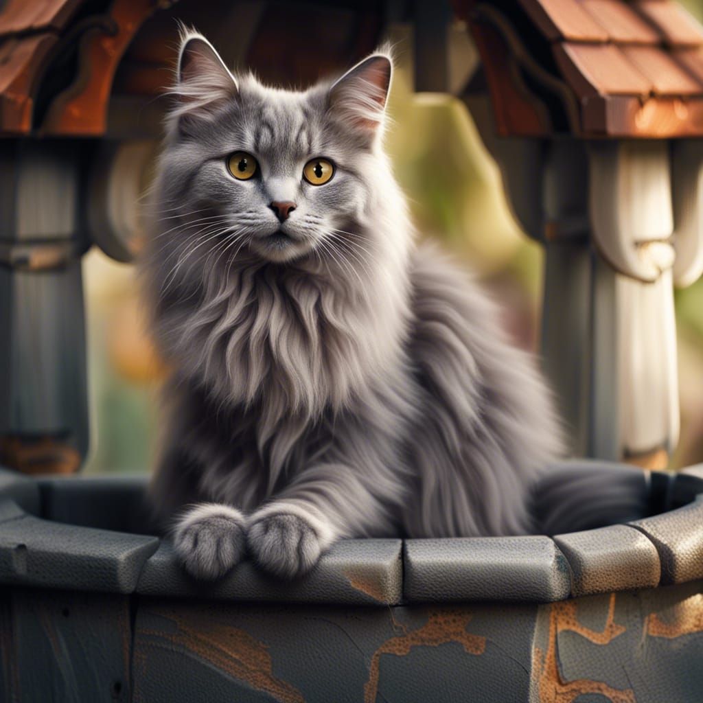 Grey Cat on Wishing Well: Fantasy Concept Art