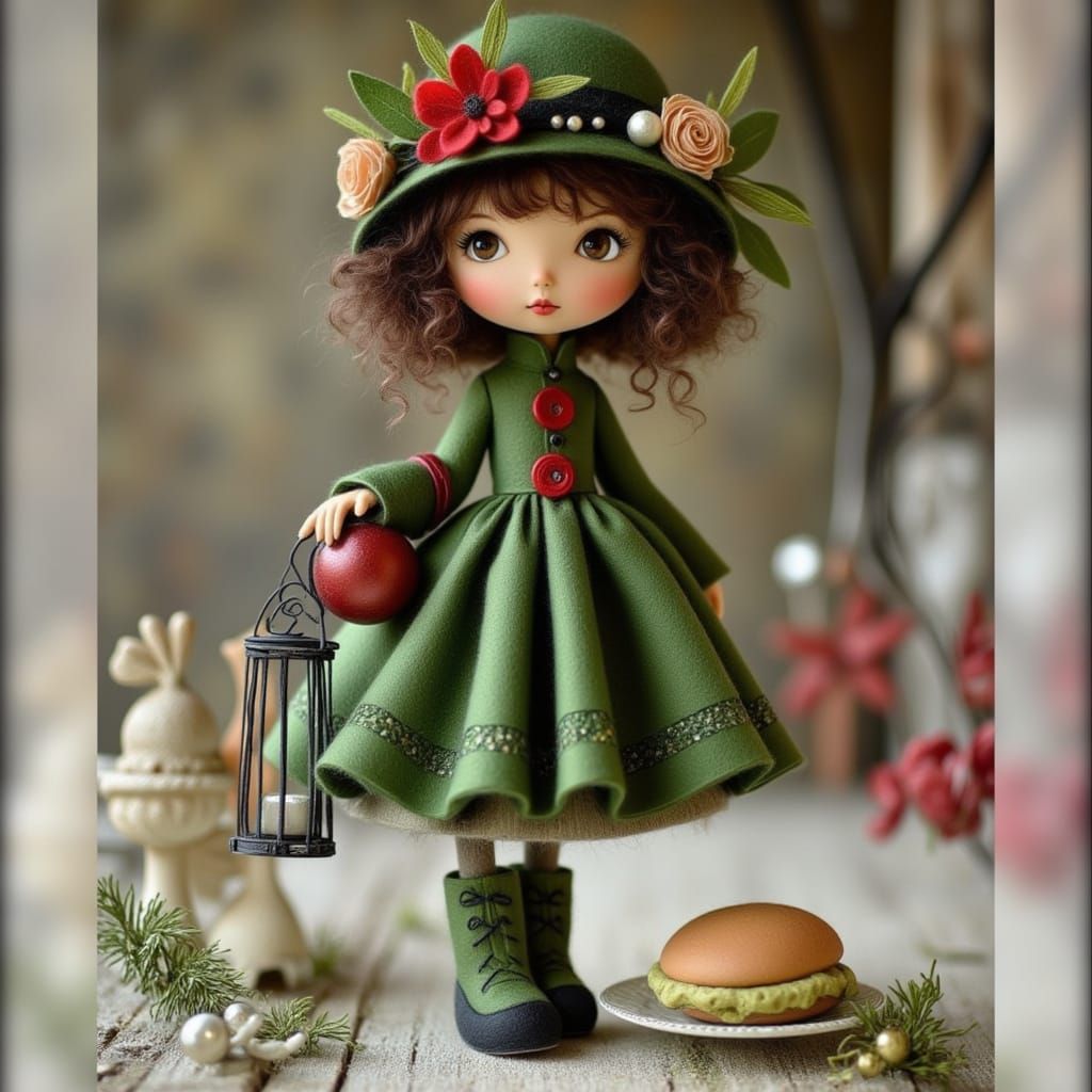 Adorable Lenci Doll with Green Hat and Lantern